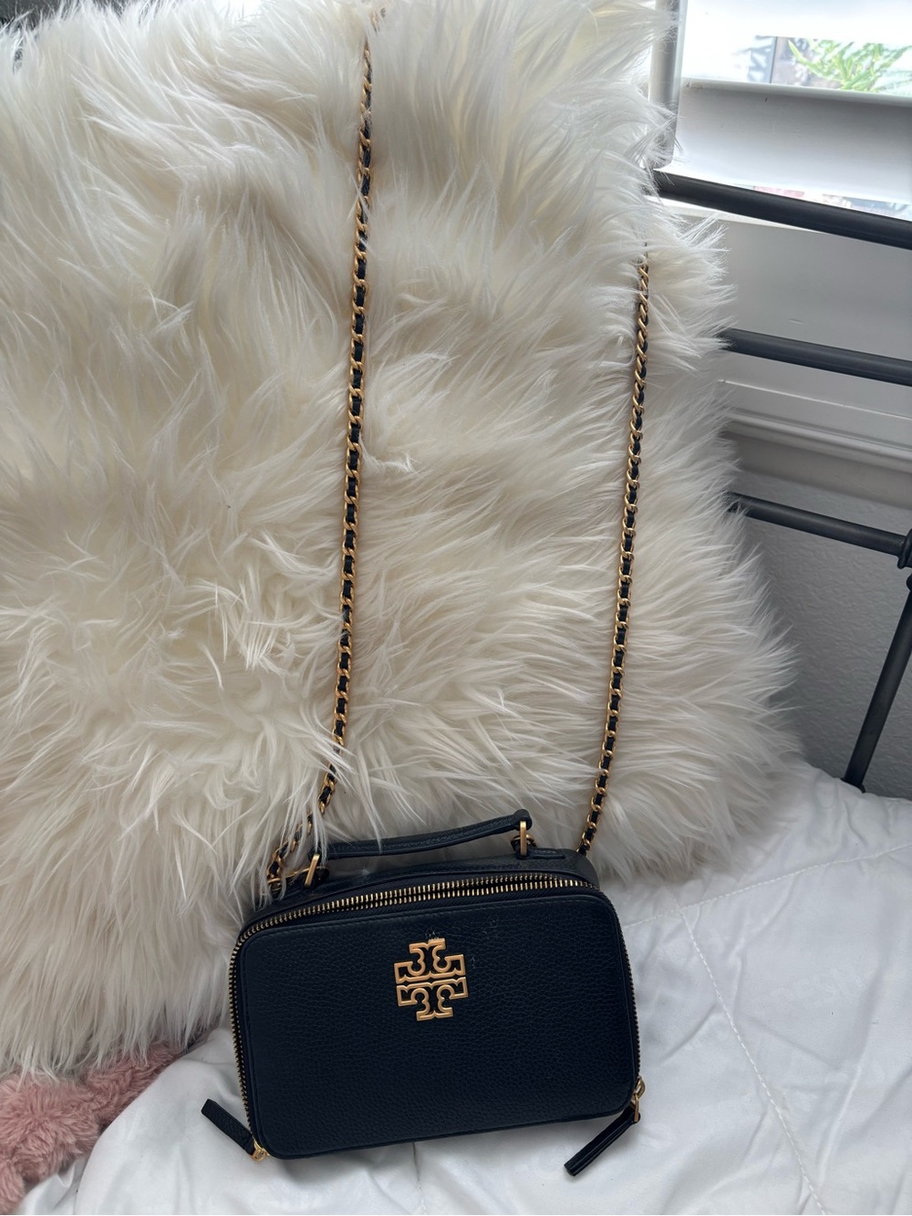 Tory Burch Black Leather Chain-Trim Crossbody with Gold Logo